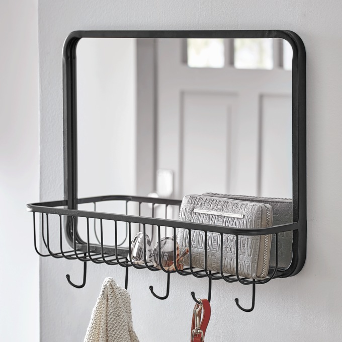 Wall Mirror Basket with Hooks, , large
