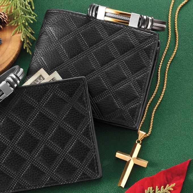 Men's 4-Piece Cross Pendant, Bracelet & Wallet Set, Goldtone, large