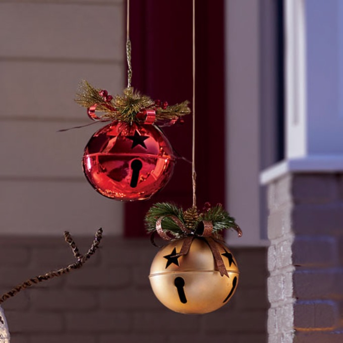Set of 2 Large Jingle Bells with Greenery, , large