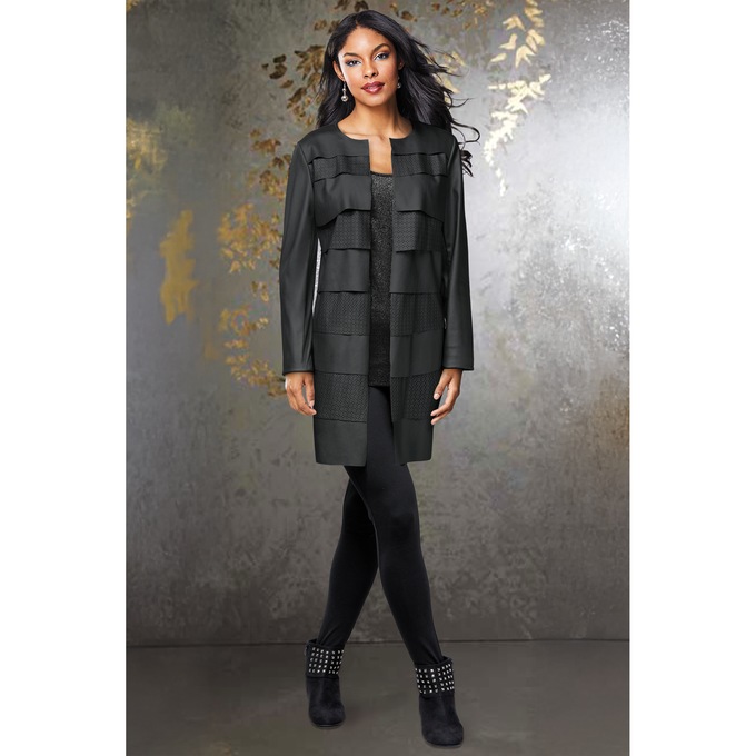 Elaina Faux Leather Jacket with Tiers and Lasercut Designs, , large