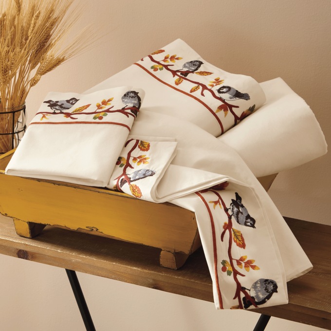 Embroidered Birdie Hem Sheet Set, , large