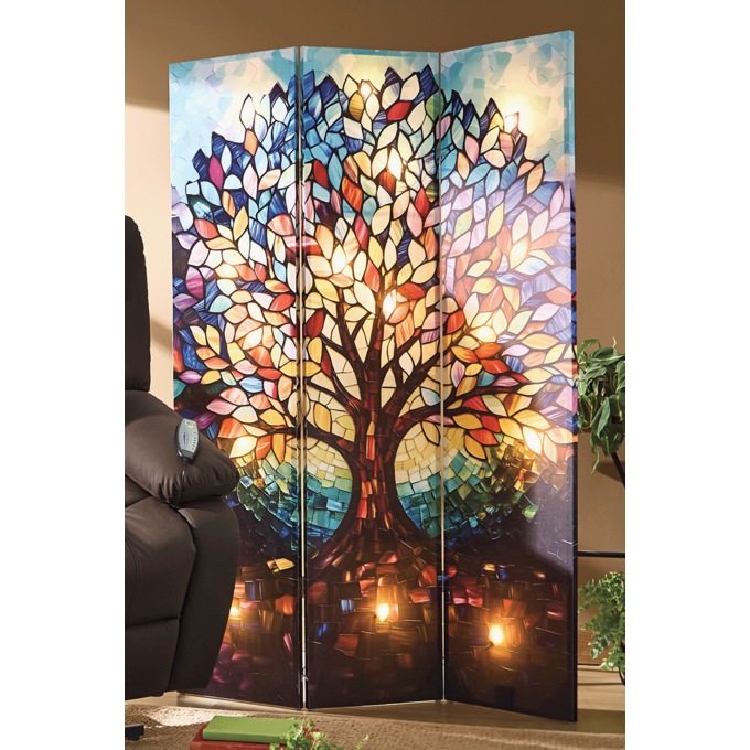 Lit Stained Glass Look Tree Room Screen, Multi, large