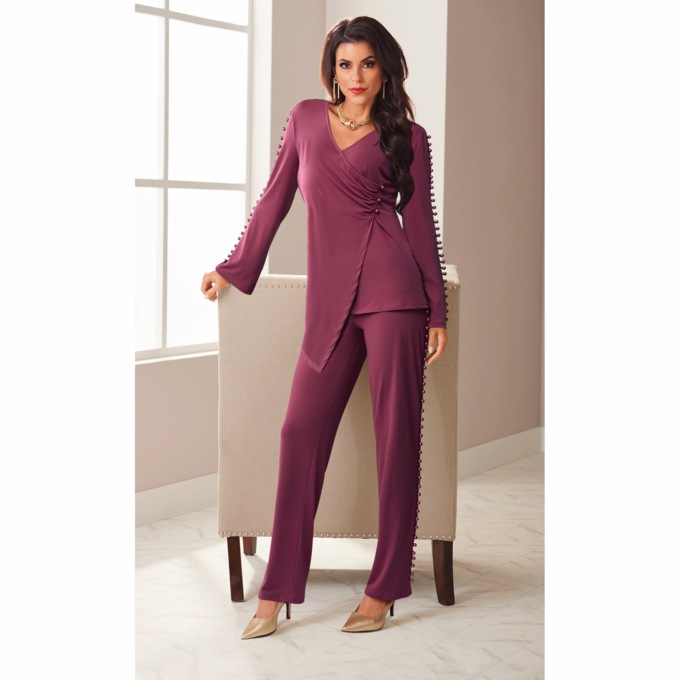 Annika Faux-Pearl Women's Pant Set with Faux-Wrap Top | Montgomery