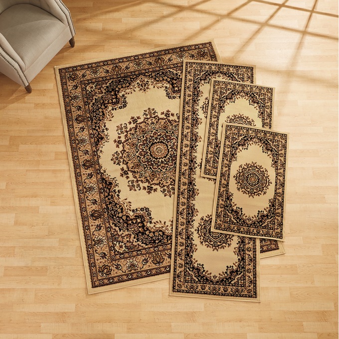 4-Piece Plush Floral Kirman Rug Set with Runner and Mats, Ivory, large