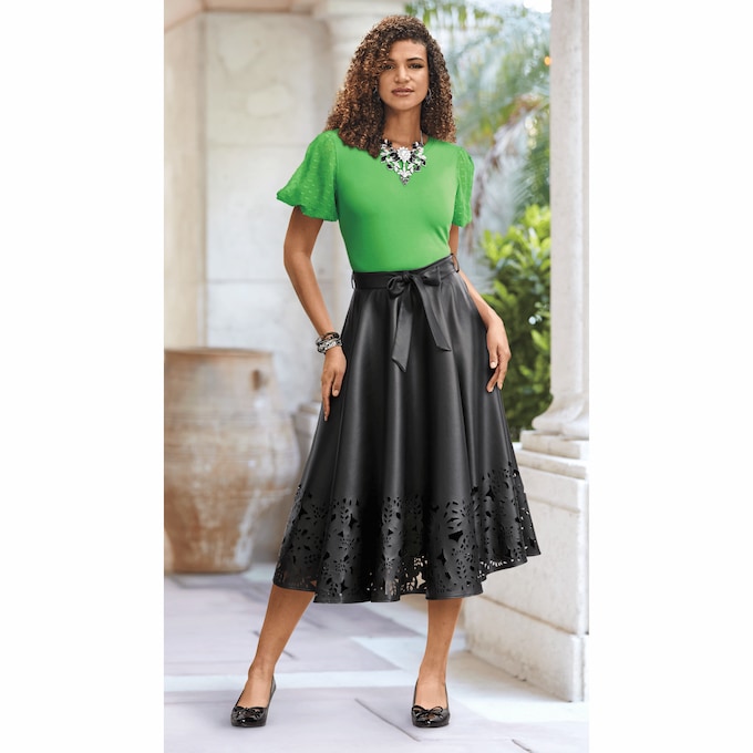 Faye Faux-Leather Full Skirt with Cutout Details and Tie Belt, , large