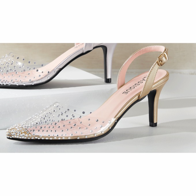 Classique Rhinestone Vinyl Halter Pump with Clear Lucite Heel and Adjustable Strap, , large