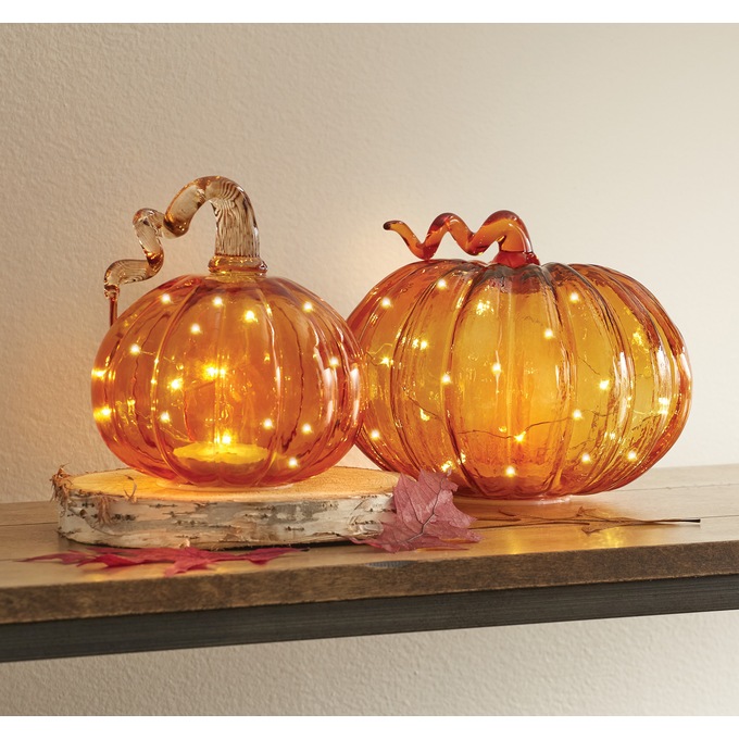Set of 2 Lit Glass Pumpkins, , large