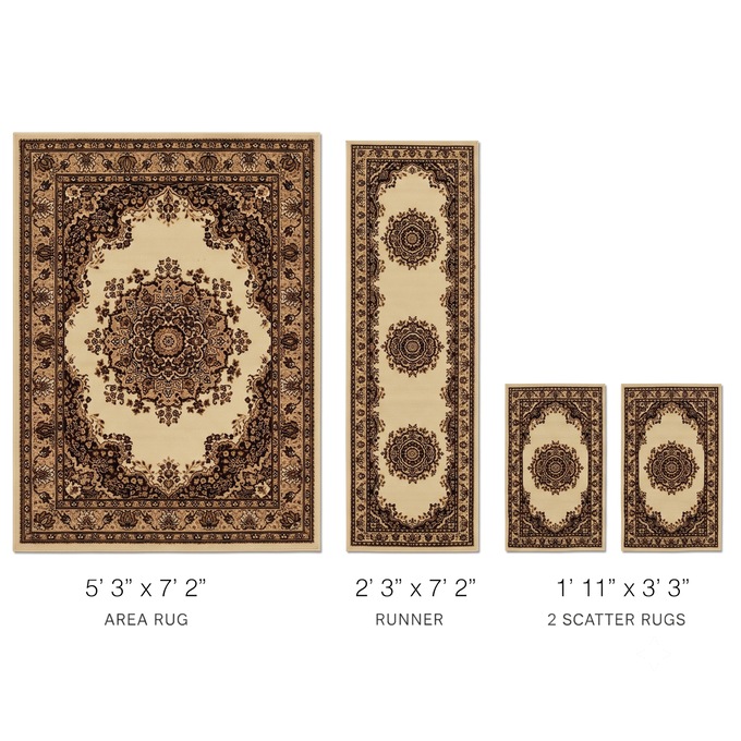 4-Piece Plush Floral Kirman Rug Set with Runner and Mats, , large