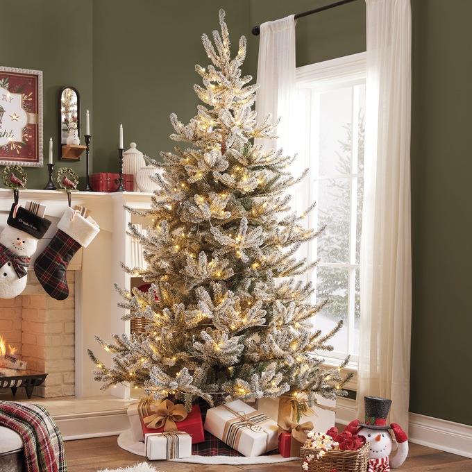 7.5' Flocked Lit Christmas Tree, , large