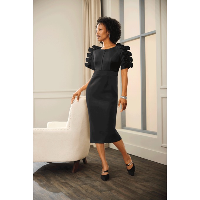 Pleated Rhinestone-Sleeve Sheath Dress, , large