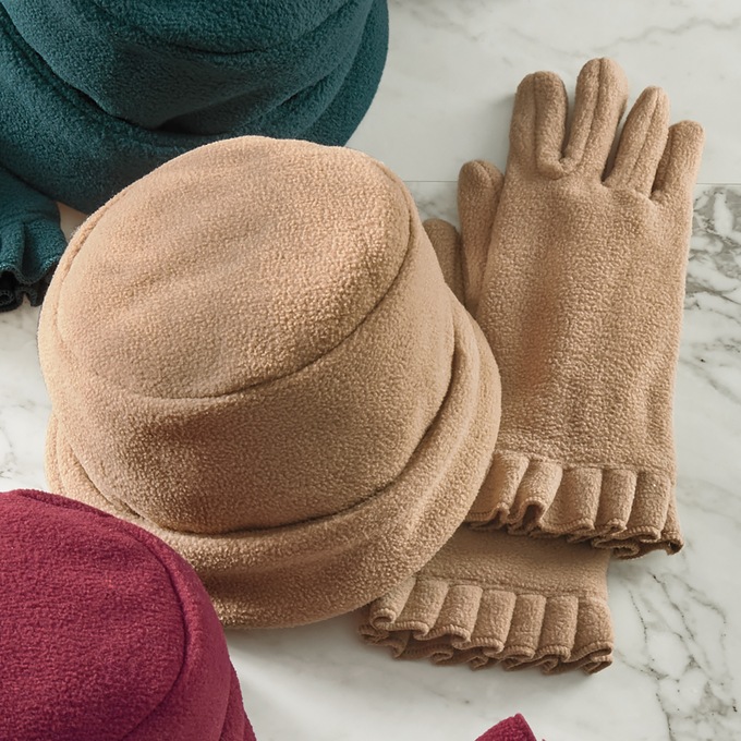 Hat and Ruffle Trim Glove Set, Camel, large