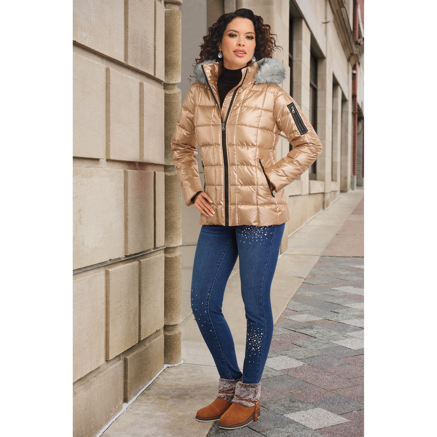 Mia Shiny Puffer Jacket with Faux-Fur Hood | Montgomery Ward