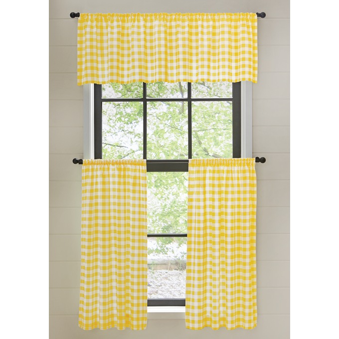 Cotton 3-Piece Gingham Kitchen Curtain Set with Valance and Tier Pair, , large