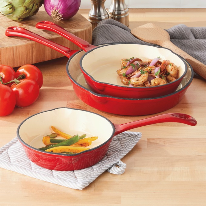 3-Piece Enameled Cast Iron Skillet Set, , large