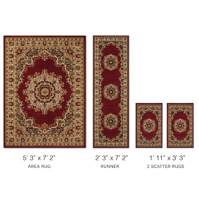 4-Piece Plush Floral Kirman Rug Set with Runner and Mats, , large