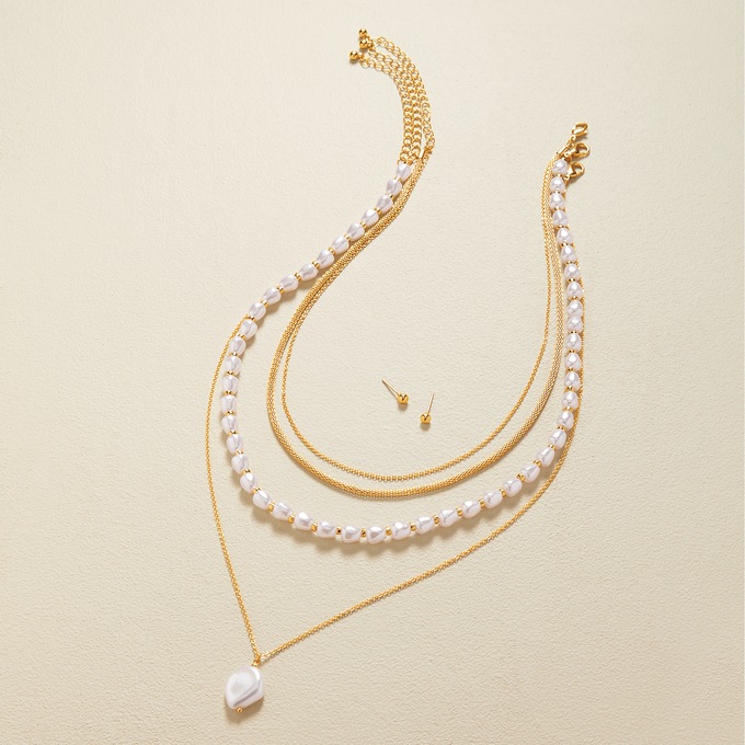 Faux-Pearl Layered Necklace and Earring Set, , large