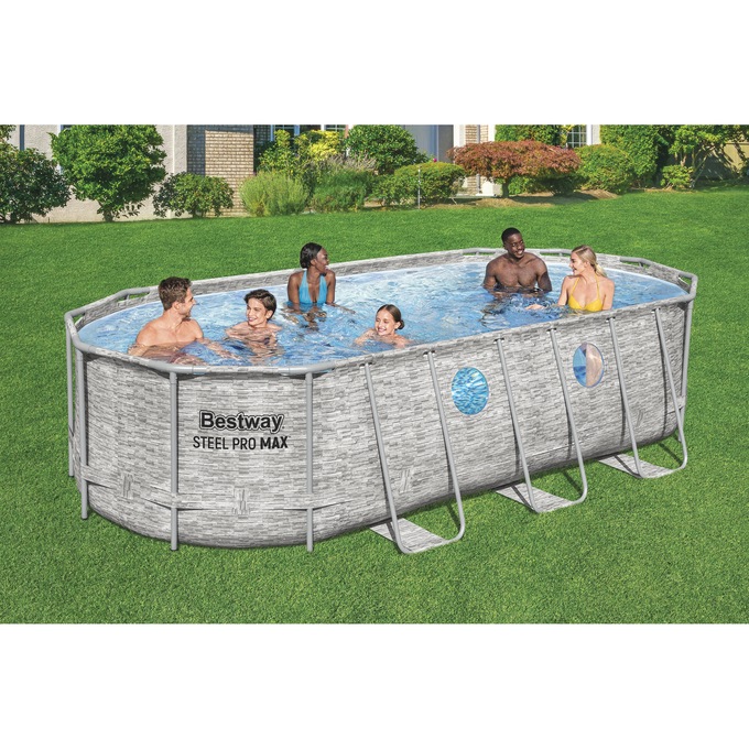 Bestway Power Steel Swim Vista Series 18' Above Ground Outdoor Swimming Pool Set with Filter Pump, Ladder, and Pool Cover, , large