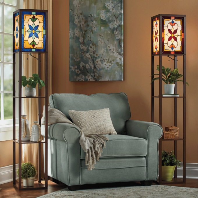 Stained Glass Gemma Floor Lamp with Shelves, , large