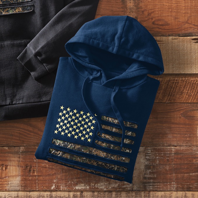 Men's Camo American Flag Print Hoodie with Embroidered Stars in Fleece, , large