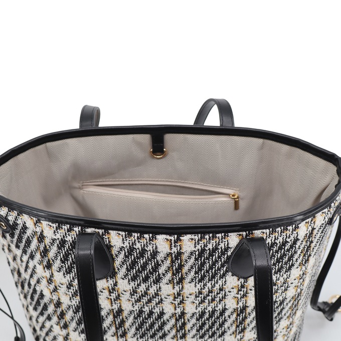 Plaid Tote with Pouch, Black White Plaid, large