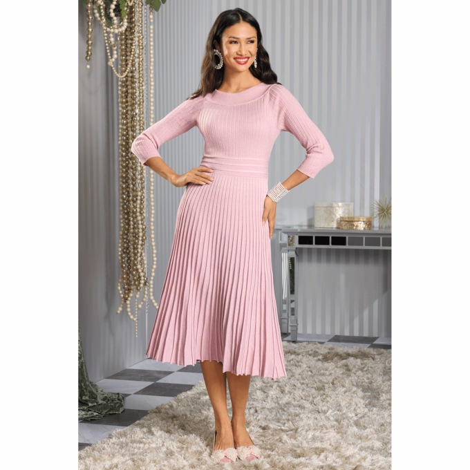 Shimmer Rib Women's Sweater Dress with Pleated Flared Skirt, Dusty Pink, large