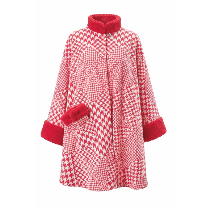 Sherpa-Trimmed Matching Fleece Cape with Gloves, Red White Houndstooth, large