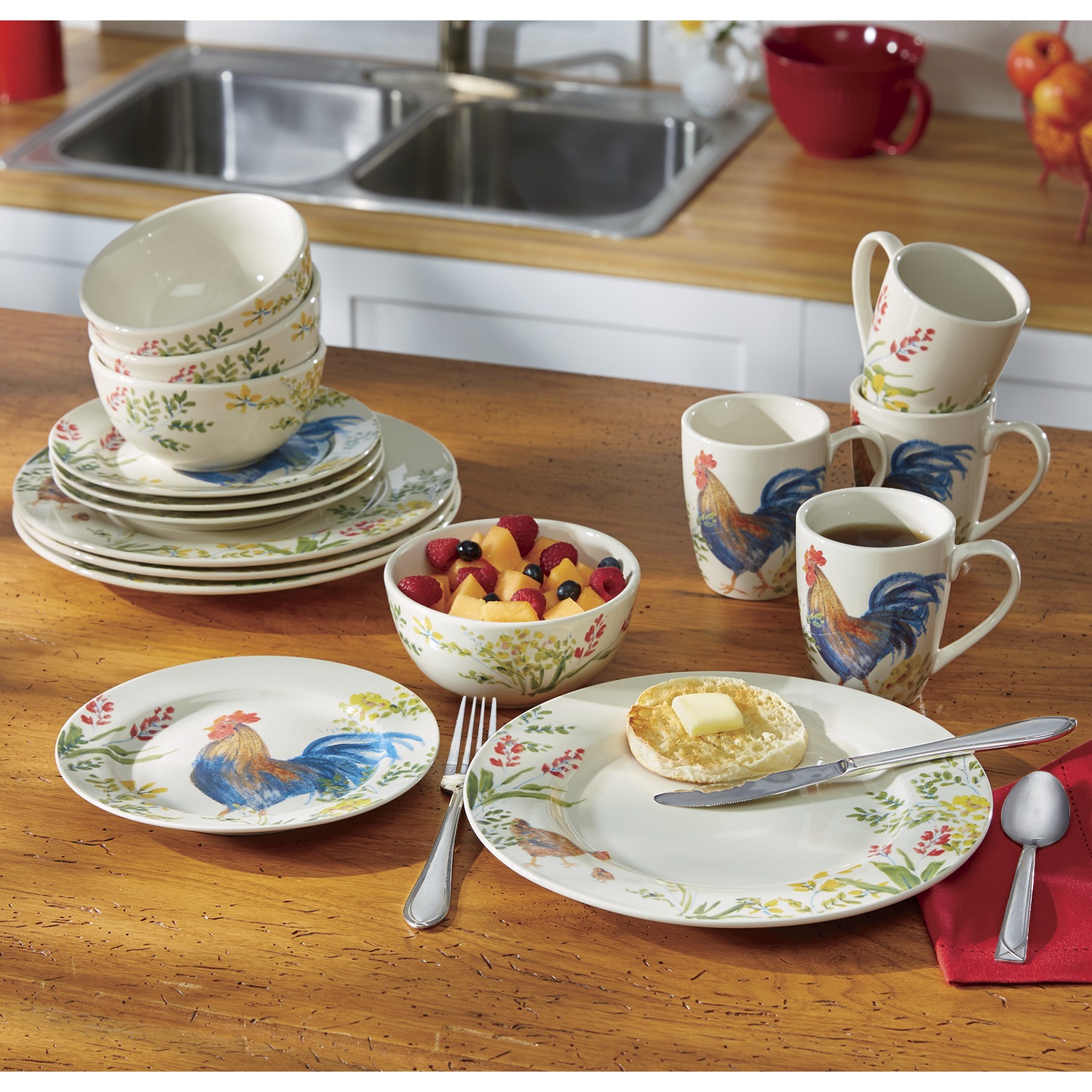 Garden Rooster Dinnerware, Canister Set, Tea Kettle and Tool Crock ...