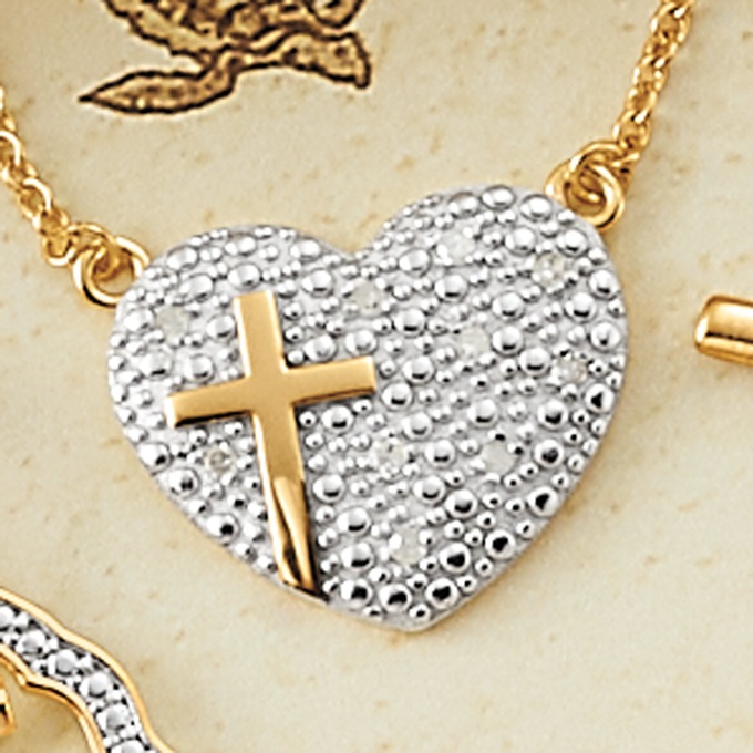 Diamond Heart Cross Necklace, , large