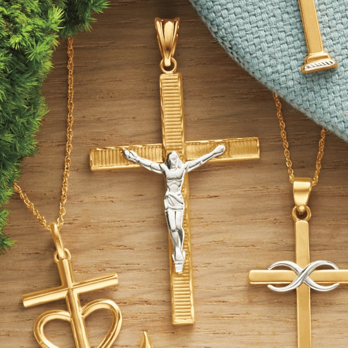 Men's Cross Tubular Catholic Crucifix Necklace in 10K Gold