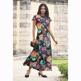 Makenzie Flowy Maxi Dress with Floral Pattern and Flutter Sleeves, , large