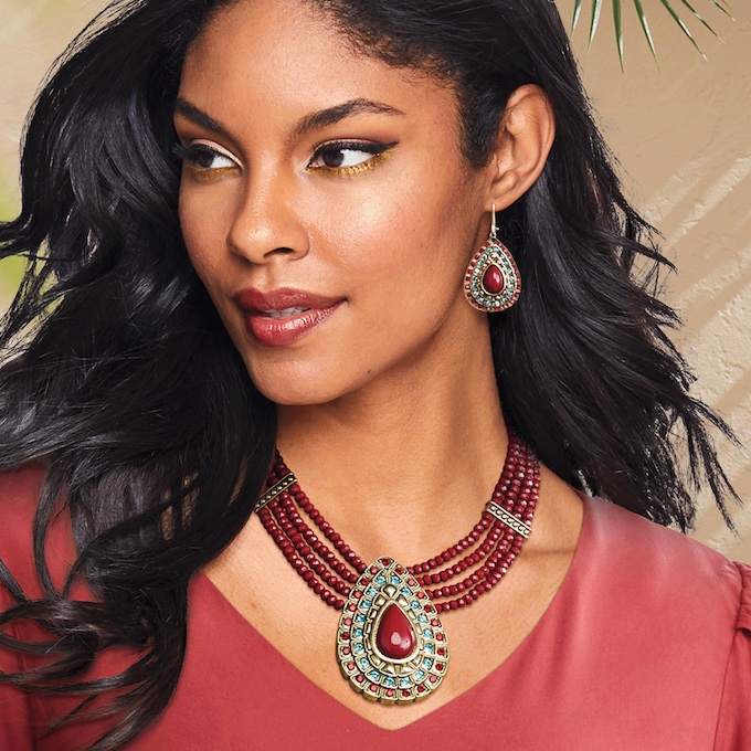 Pear/Multi-Crystal/Bead Necklace & Earrings Set, , large