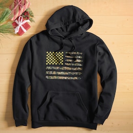 Men&#39;s Camo American Flag Print Hoodie with Embroidered Stars in Fleece, , large