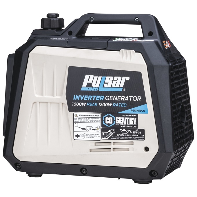 Pulsar 1600W/1200W Portable Gas Inverter Generator, Recoil Start with CO Alert, Black, large