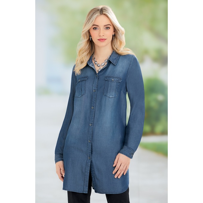 Long-Sleeved Denim Button-Up Tunic, , large