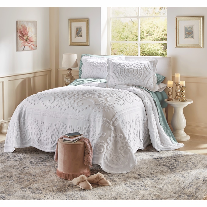 Scallop Chenille Bedspread, White, large