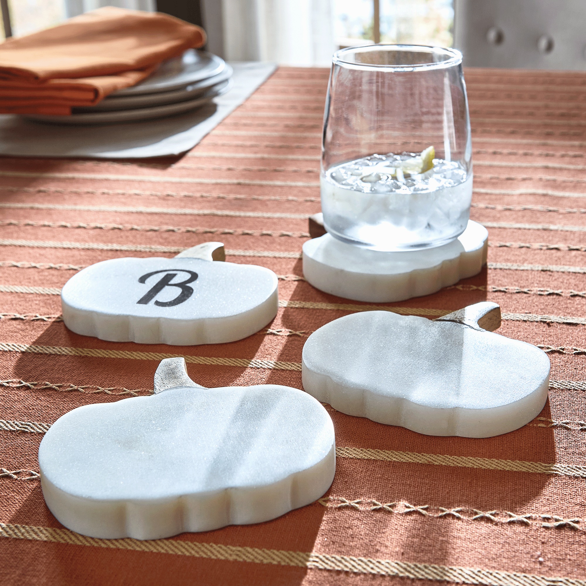 Set of 4 Marble and Wood Pumpkin Coasters, White, large