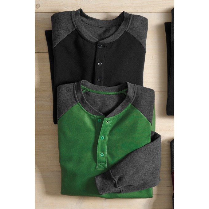 2-Pack Men's Fleece Raglan Henley Shirt in Sweatshirt Fabric with Long Sleeves, , large