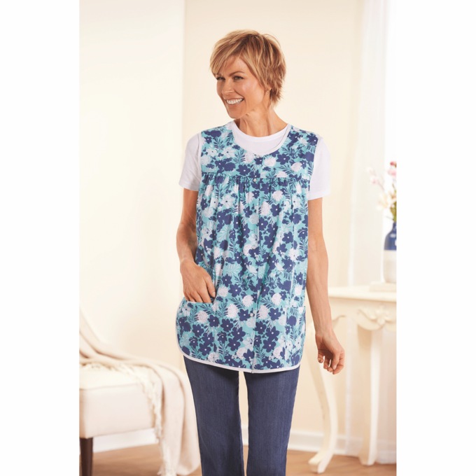 Easy-Care Button-Front Cobbler Apron, Blue Daisies, large