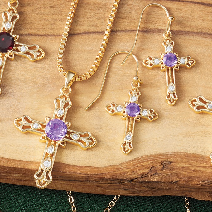 Gemstone Cross Pendant & Earring Set, Amethyst, large