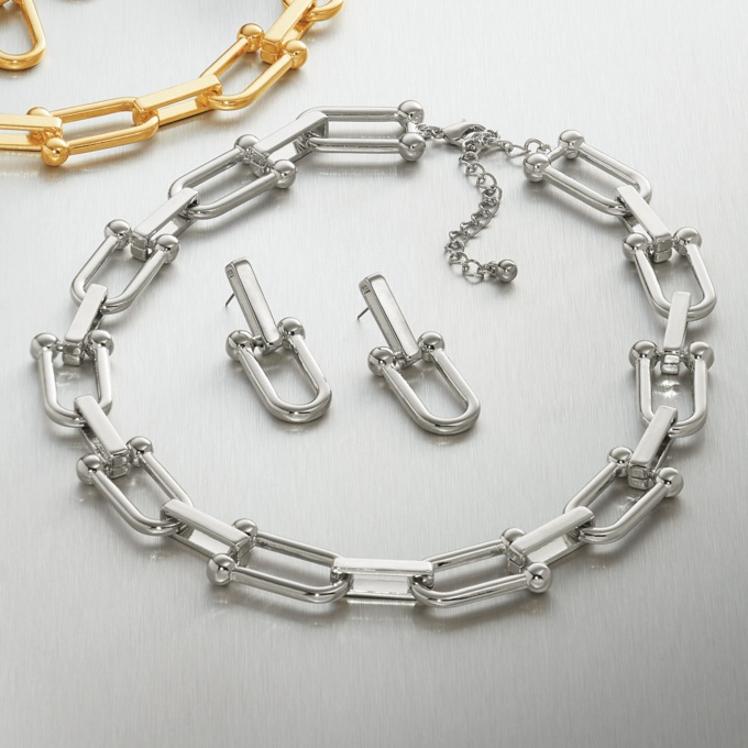 Stirrup Link Necklace and Earring Set, , large