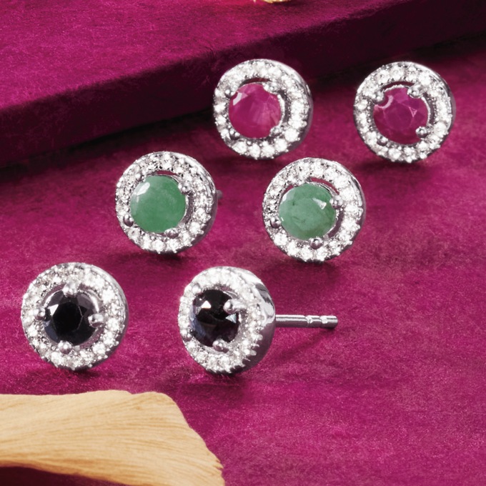 Gemstone 3-Pair Halo Stud Earring Sets, , large