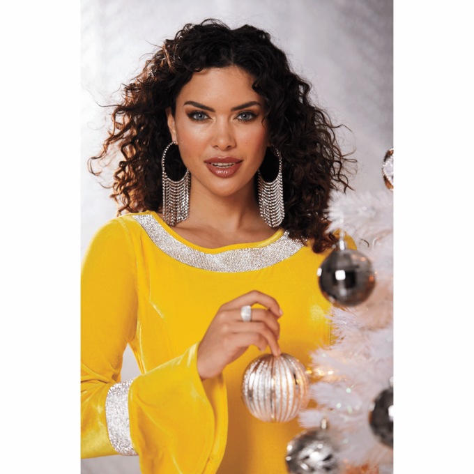 Rhinestone Velvet Dress, Yellow, large
