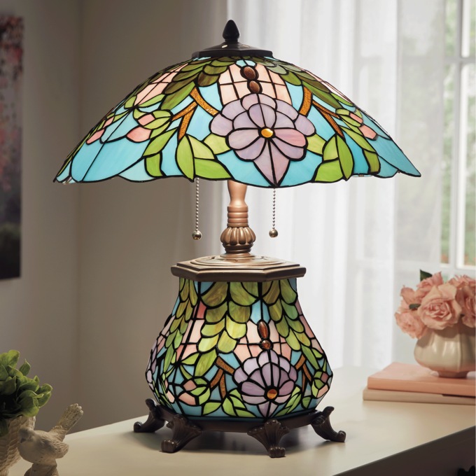 Stained Glass Floral Leaf Double-Lit Lamp , , large