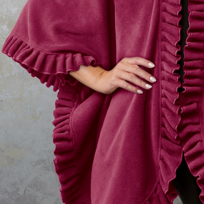 Warm Fleece Cape with Open Front and All-around Ruffle Trim, , large