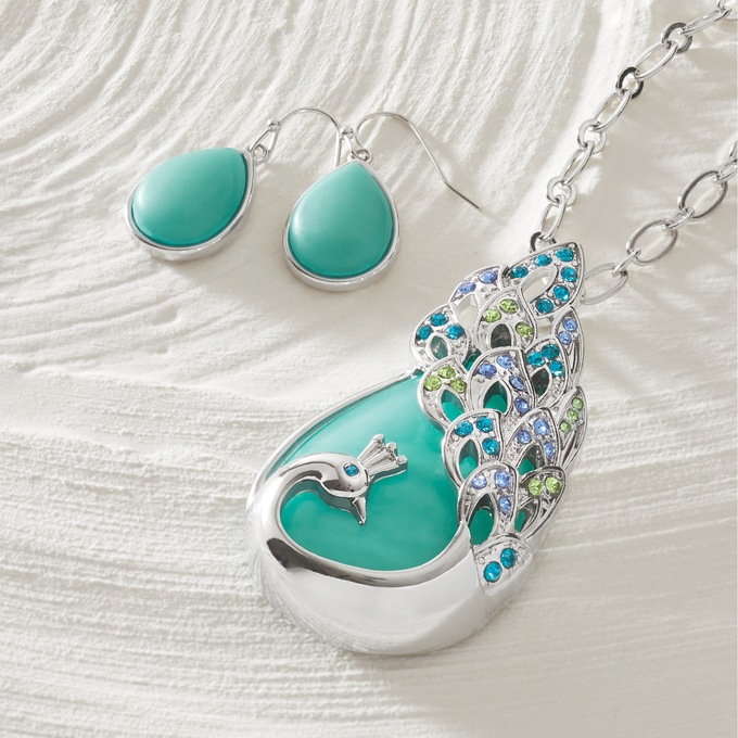 Peacock Faux-Stone/Crystal Necklace & Earring Set, , large