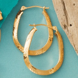 10K Gold Oval Diamond-Cut Hoops, , large