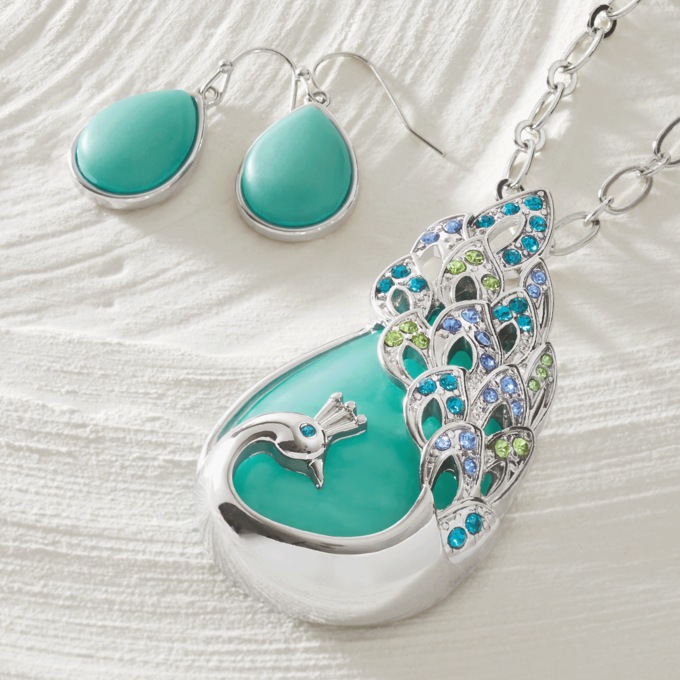 Peacock Faux-Stone/Crystal Necklace & Earring Set, , large