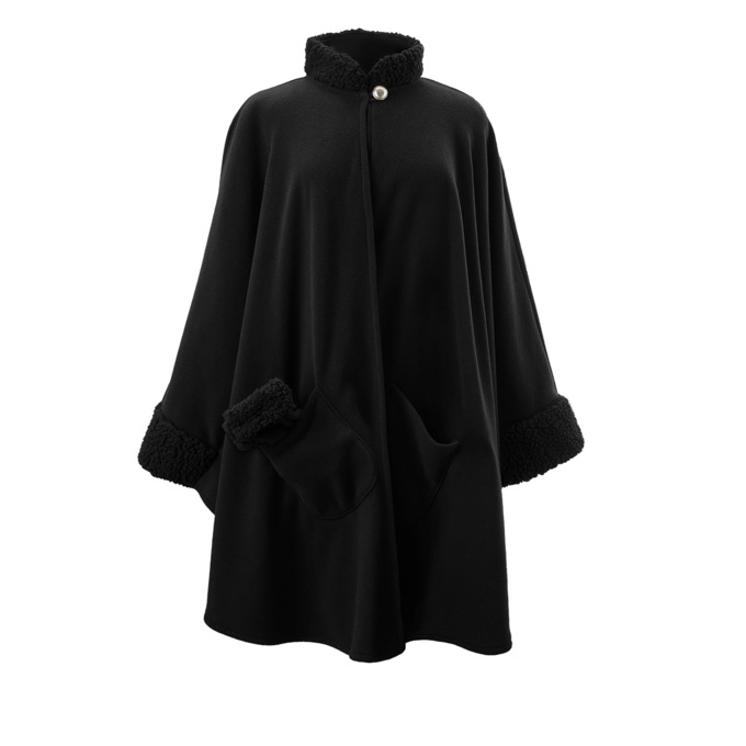 Sherpa-Trimmed Matching Fleece Cape with Gloves, Black, large
