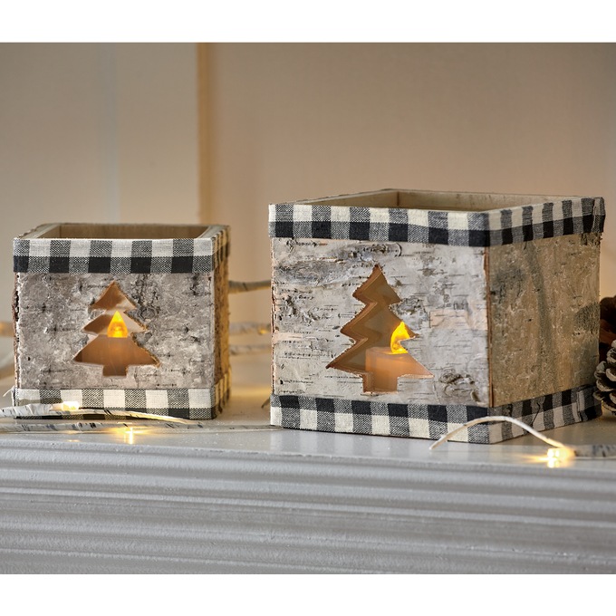 Set of 2 Buffalo Plaid Candleholders with Tree Cutouts, , large