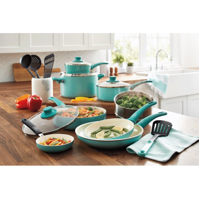 GreenLife 16-Piece Soft-Grip Cookware Set, Turquoise, large